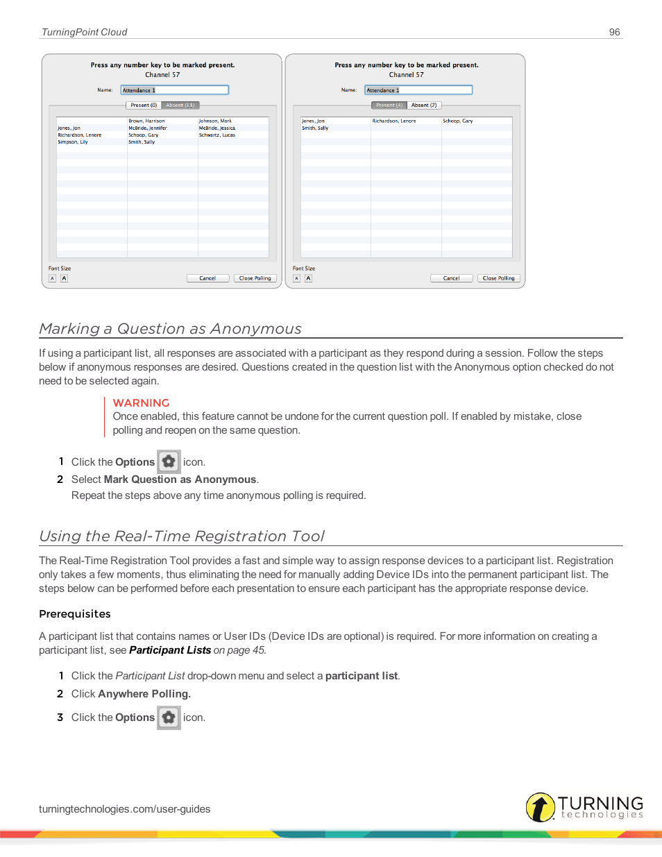 Marking a question as anonymous, Using the real-time registration tool | Turning Technologies TurningPoint Cloud User Manual | Page 96 / 148