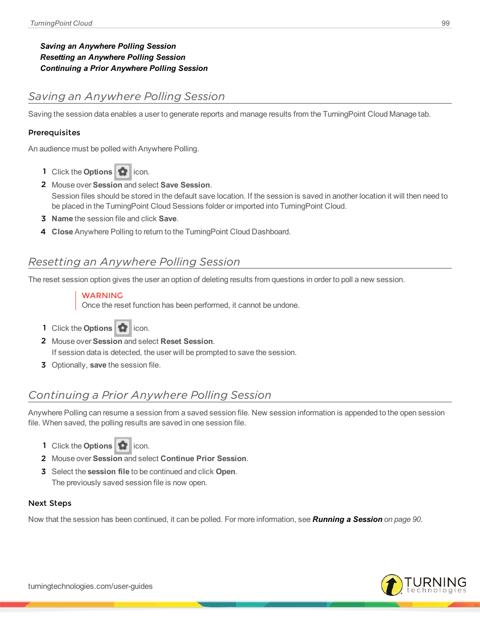 Saving an anywhere polling session, Resetting an anywhere polling session, Continuing a prior anywhere polling session | Turning Technologies TurningPoint Cloud User Manual | Page 99 / 148
