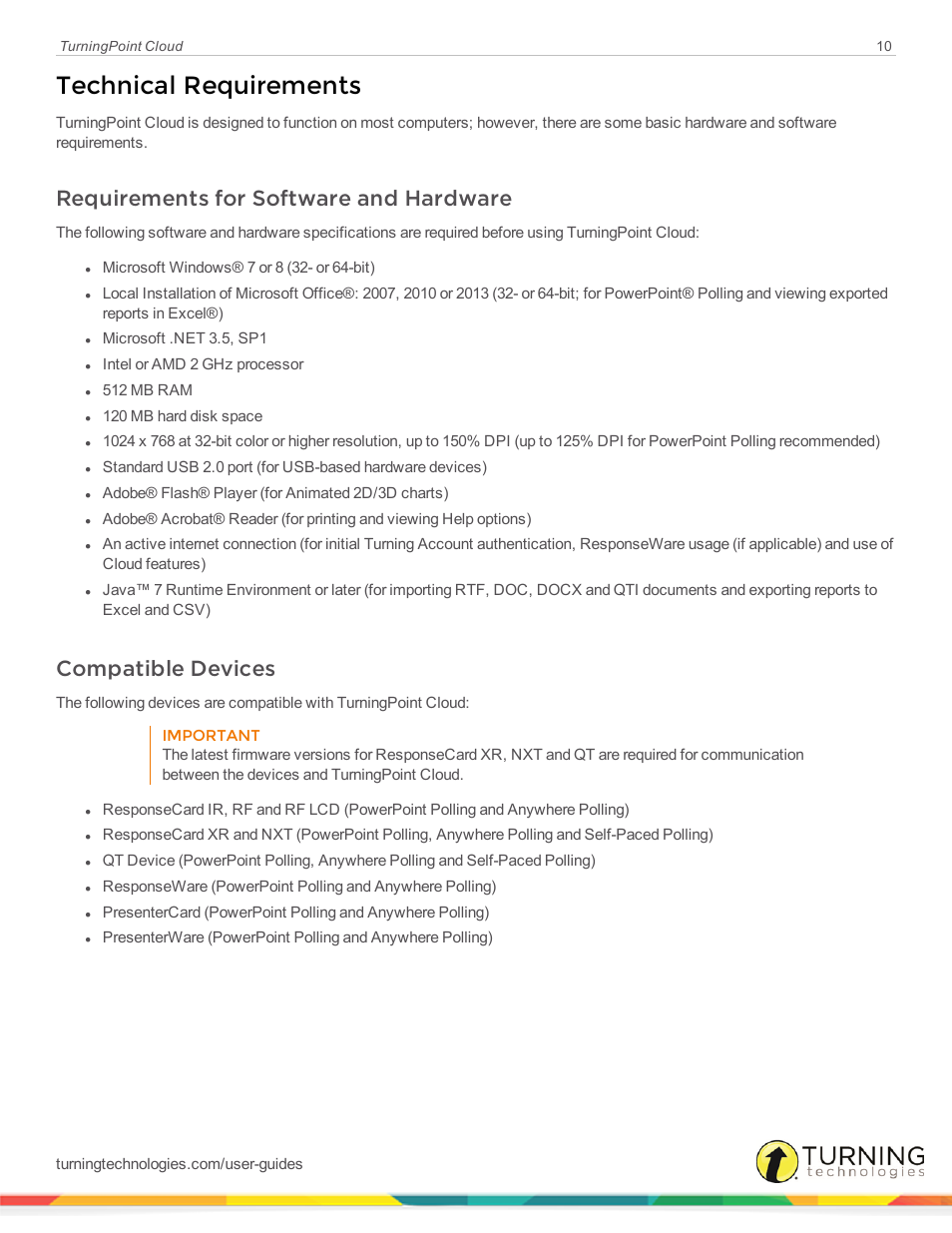 Technical requirements, Requirements for software and hardware, Compatible devices | Turning Technologies TurningPoint Cloud User Manual | Page 10 / 161