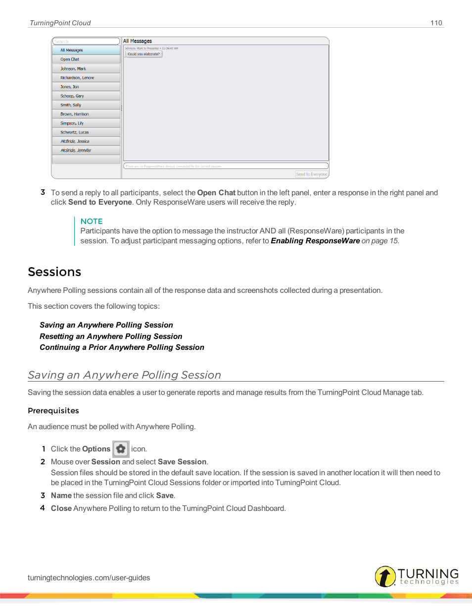 Sessions, Saving an anywhere polling session | Turning Technologies TurningPoint Cloud User Manual | Page 110 / 161