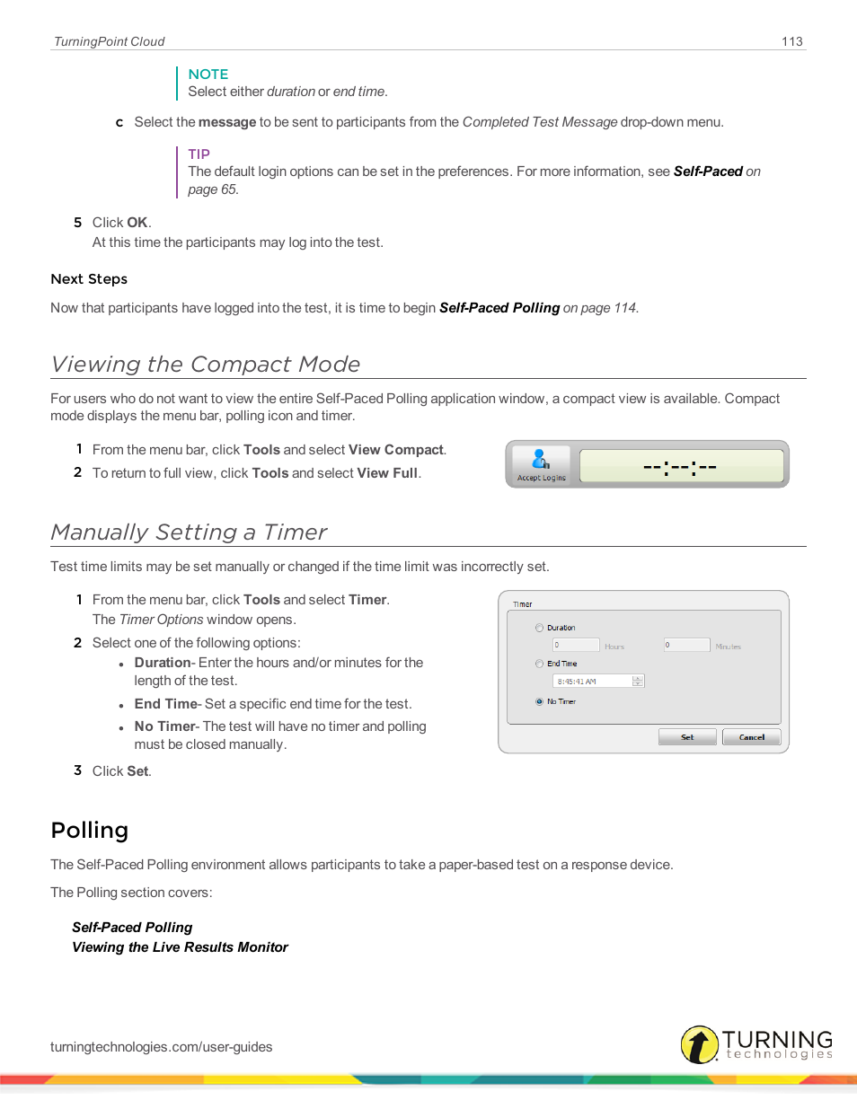 Viewing the compact mode, Manually setting a timer, Polling | Turning Technologies TurningPoint Cloud User Manual | Page 113 / 161