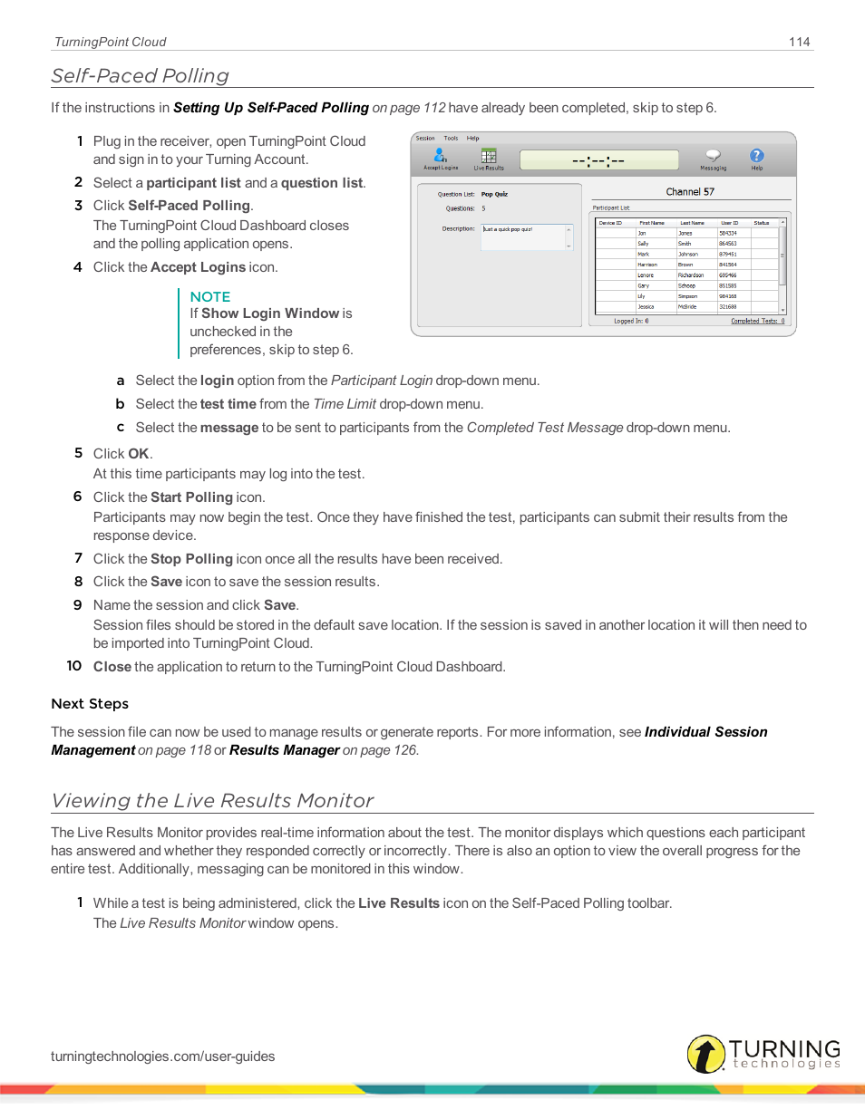 Self-paced polling, Viewing the live results monitor | Turning Technologies TurningPoint Cloud User Manual | Page 114 / 161