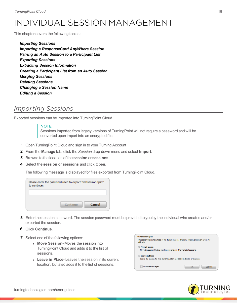 Individual session management, Importing sessions, Individual session | Management | Turning Technologies TurningPoint Cloud User Manual | Page 118 / 161