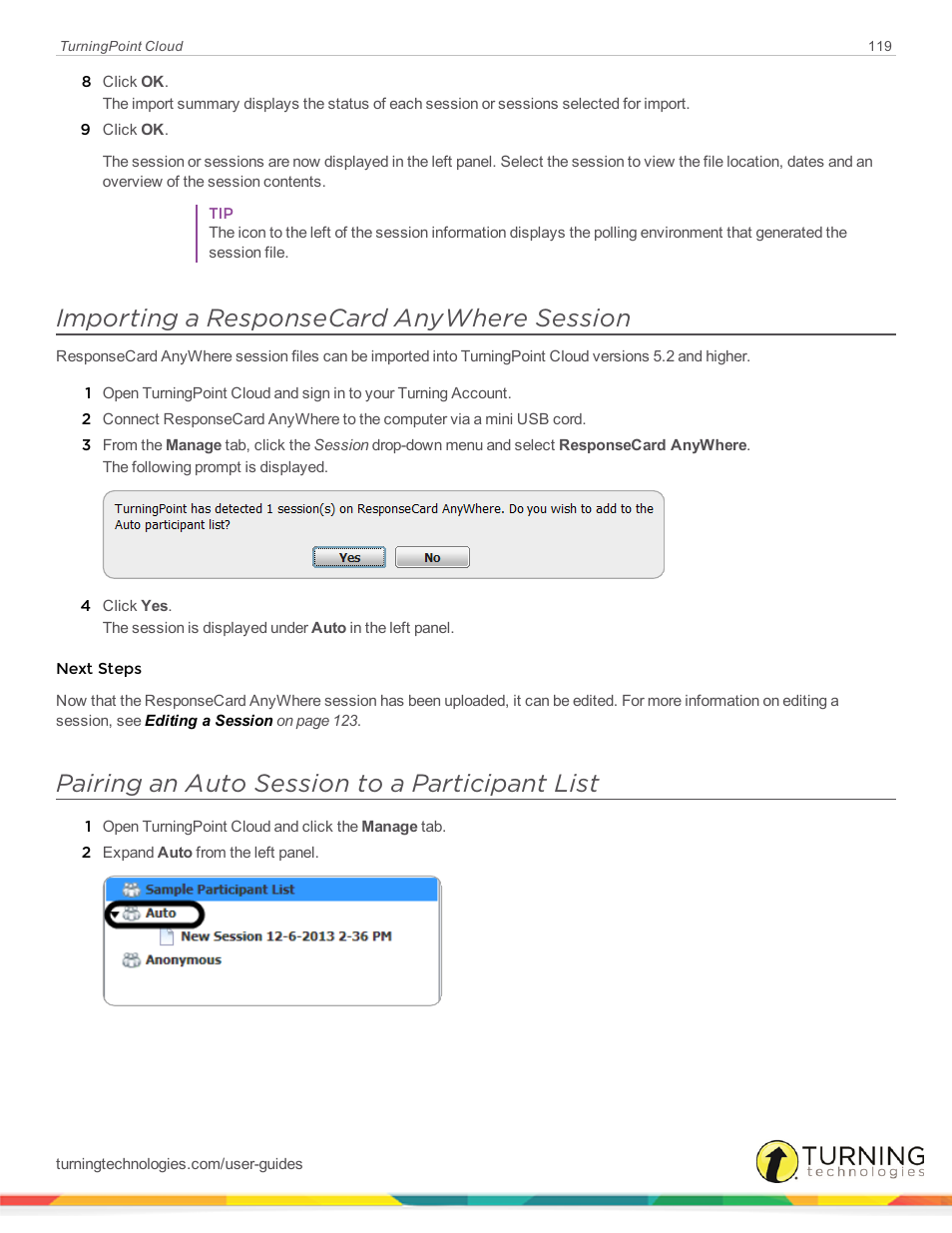 Importing a responsecard anywhere session, Pairing an auto session to a participant list | Turning Technologies TurningPoint Cloud User Manual | Page 119 / 161