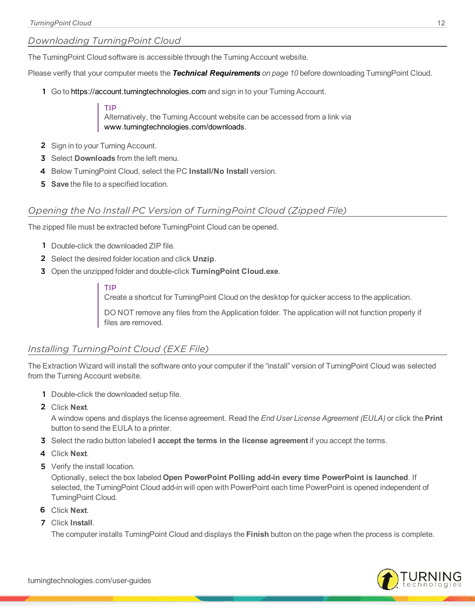 Downloading turningpoint cloud, Installing turningpoint cloud (exe file) | Turning Technologies TurningPoint Cloud User Manual | Page 12 / 161