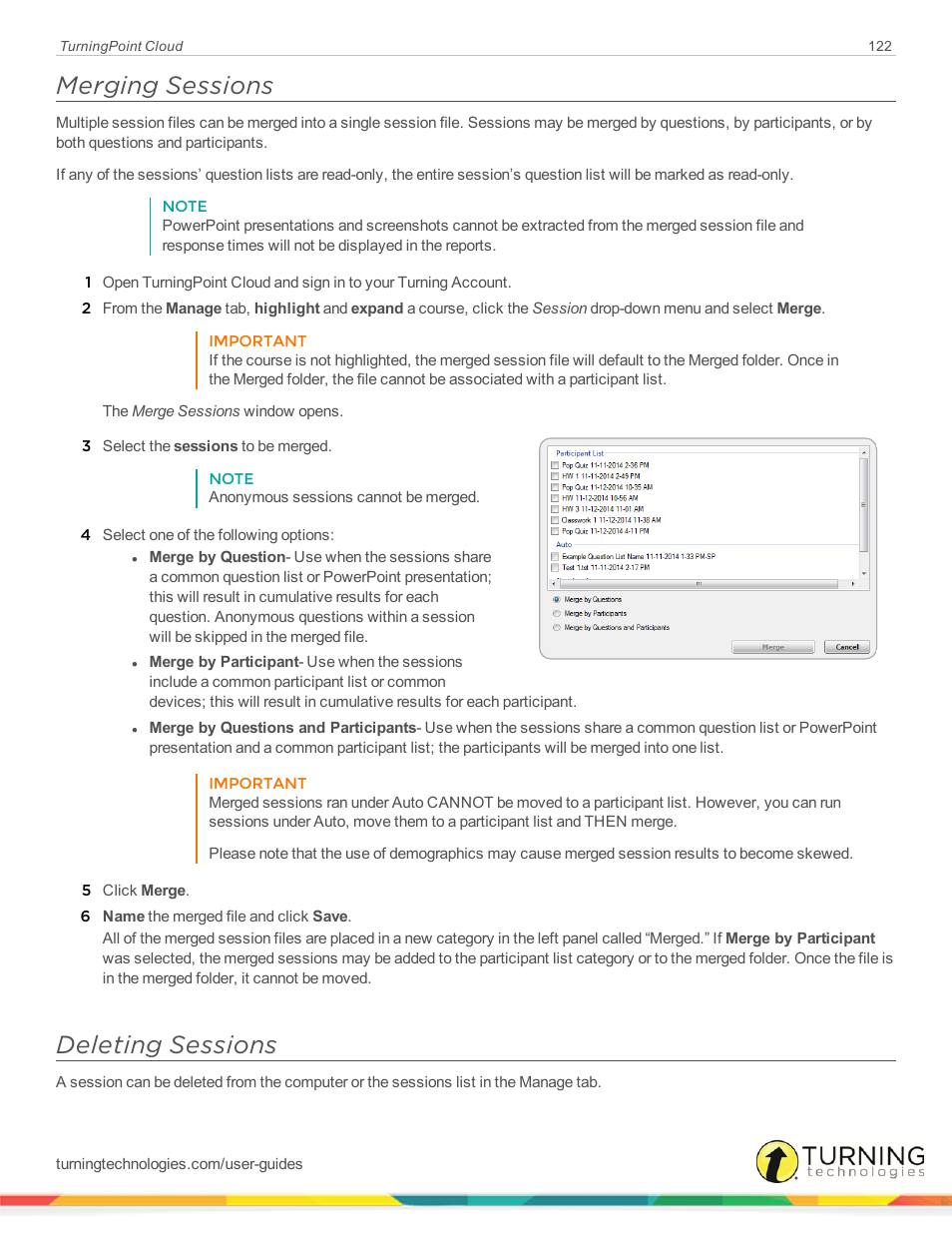 Merging sessions, Deleting sessions | Turning Technologies TurningPoint Cloud User Manual | Page 122 / 161