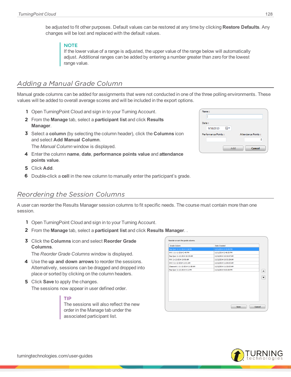 Adding a manual grade column, Reordering the session columns | Turning Technologies TurningPoint Cloud User Manual | Page 128 / 161