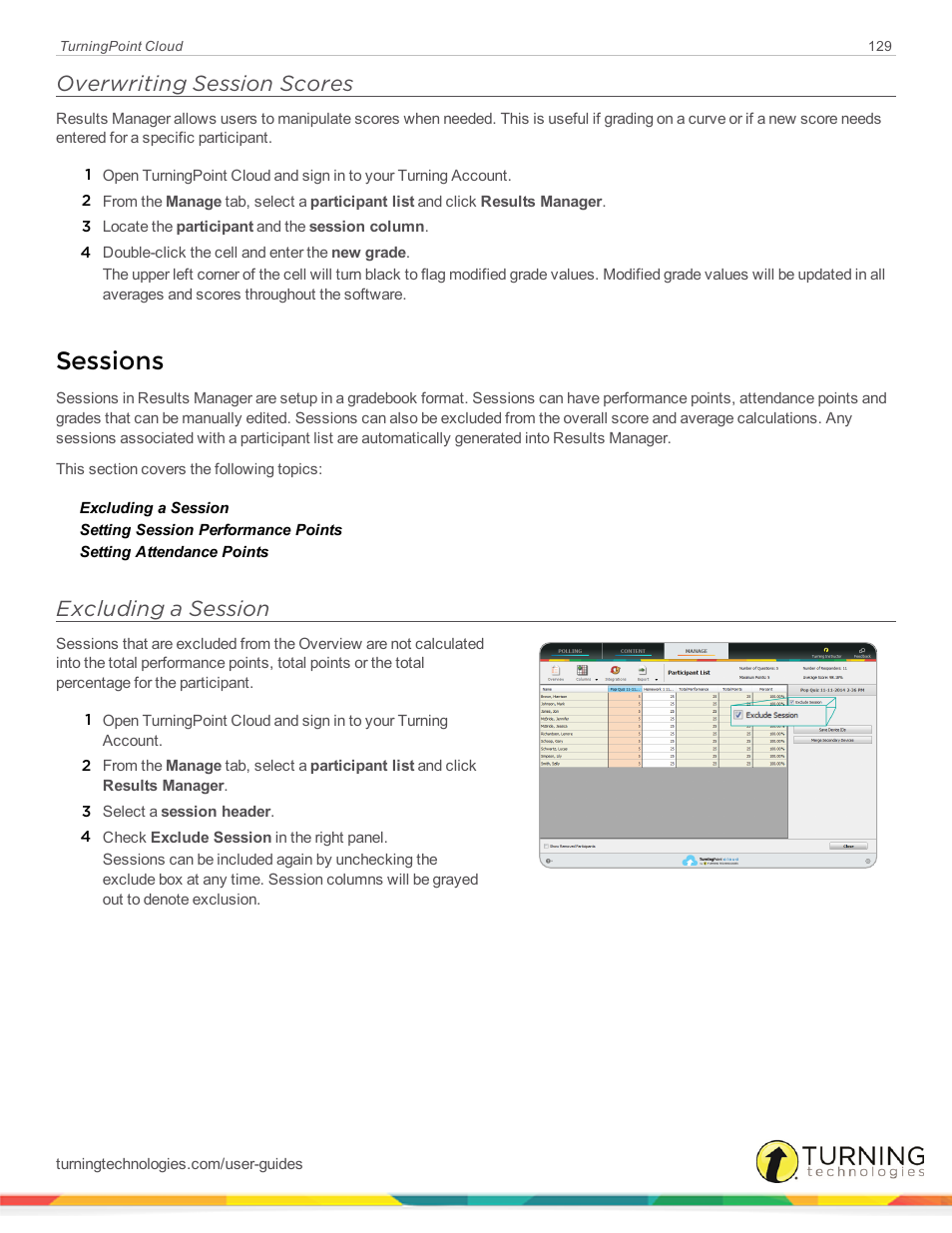 Overwriting session scores, Sessions, Excluding a session | Turning Technologies TurningPoint Cloud User Manual | Page 129 / 161