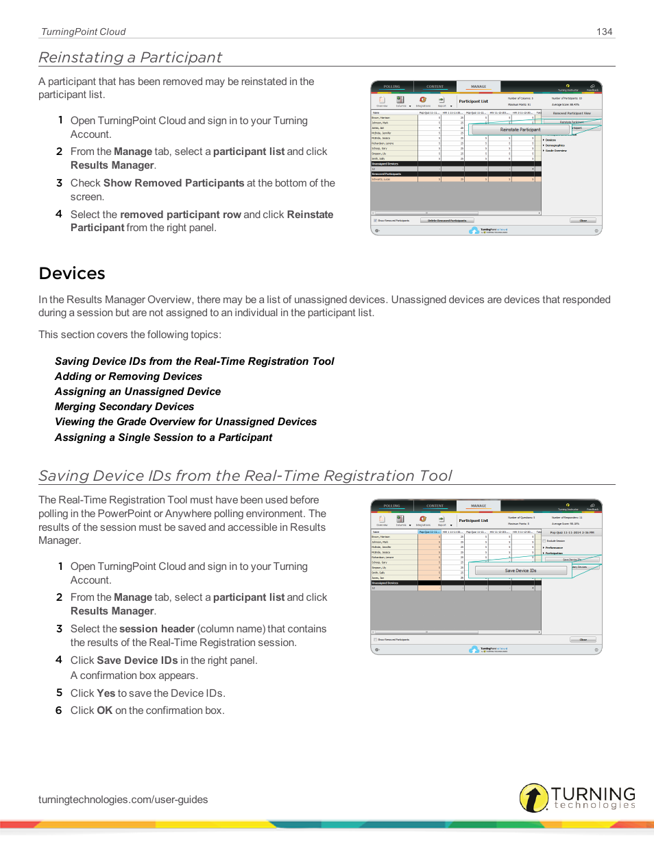 Reinstating a participant, Devices, Reinstating | A participant | Turning Technologies TurningPoint Cloud User Manual | Page 134 / 161