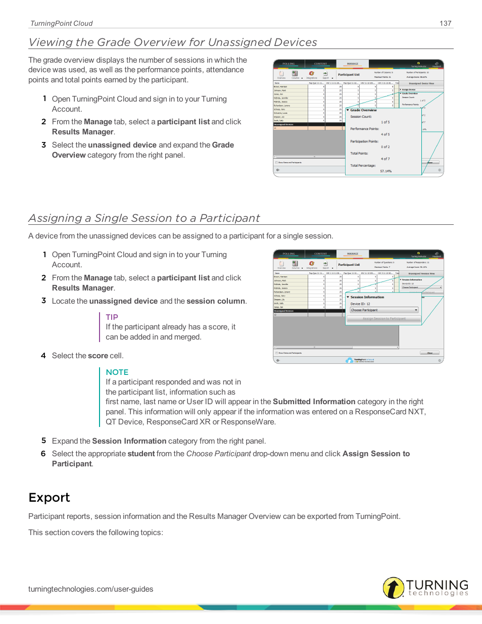 Viewing the grade overview for unassigned devices, Assigning a single session to a participant, Export | Turning Technologies TurningPoint Cloud User Manual | Page 137 / 161