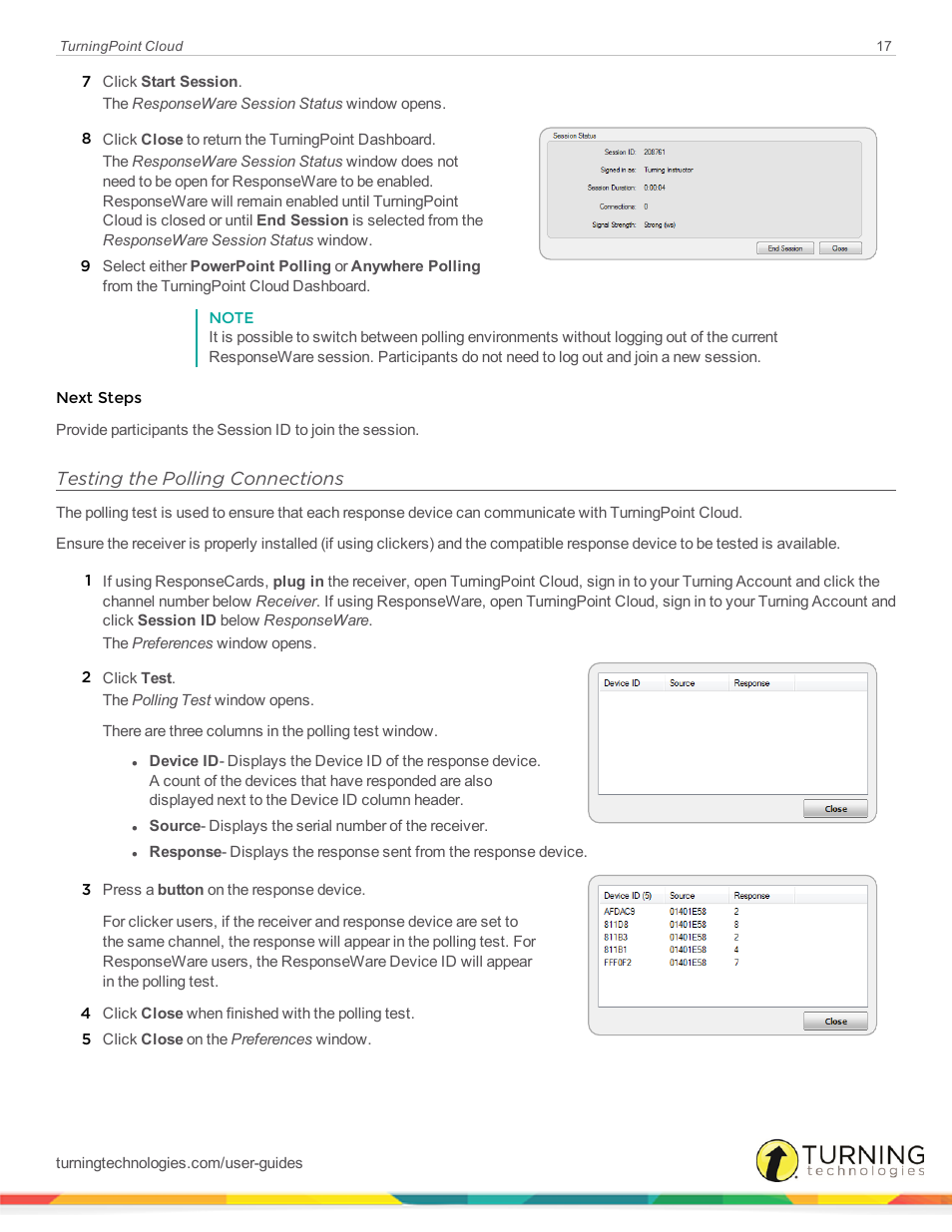 Testing the polling connections | Turning Technologies TurningPoint Cloud User Manual | Page 17 / 161