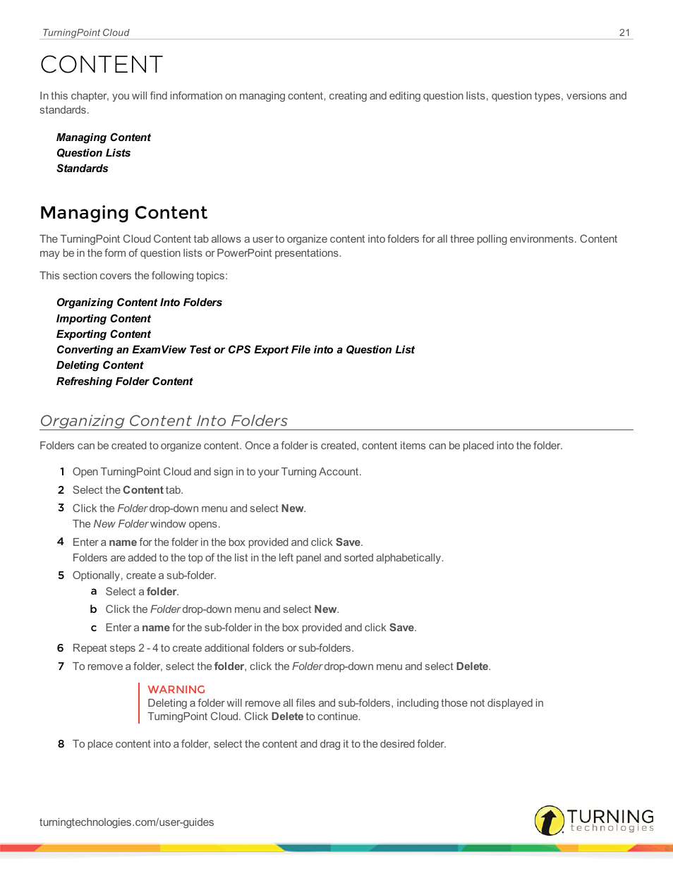 Content, Managing content, Organizing content into folders | Turning Technologies TurningPoint Cloud User Manual | Page 21 / 161