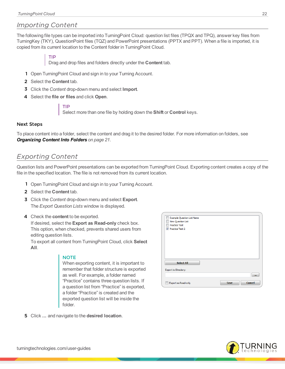 Importing content, Exporting content | Turning Technologies TurningPoint Cloud User Manual | Page 22 / 161