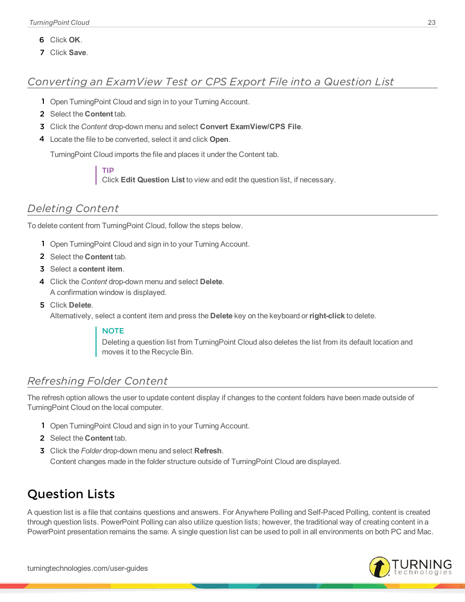 Deleting content, Refreshing folder content, Question lists | Turning Technologies TurningPoint Cloud User Manual | Page 23 / 161