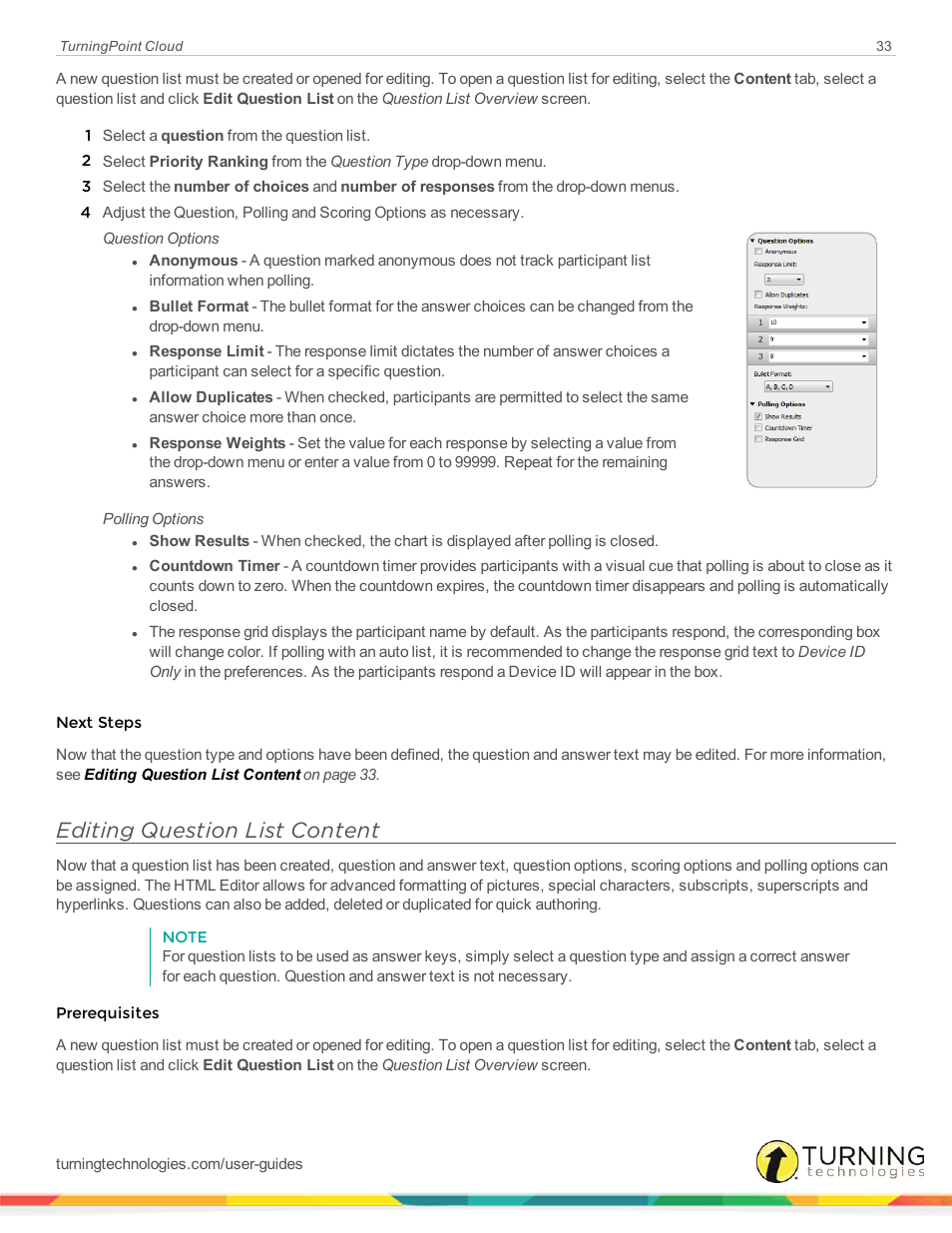 Editing question list content, Editing, Question list content | Editing question, List content | Turning Technologies TurningPoint Cloud User Manual | Page 33 / 161