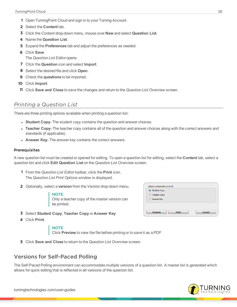 Printing a question list, Versions for self-paced polling | Turning Technologies TurningPoint Cloud User Manual | Page 38 / 161