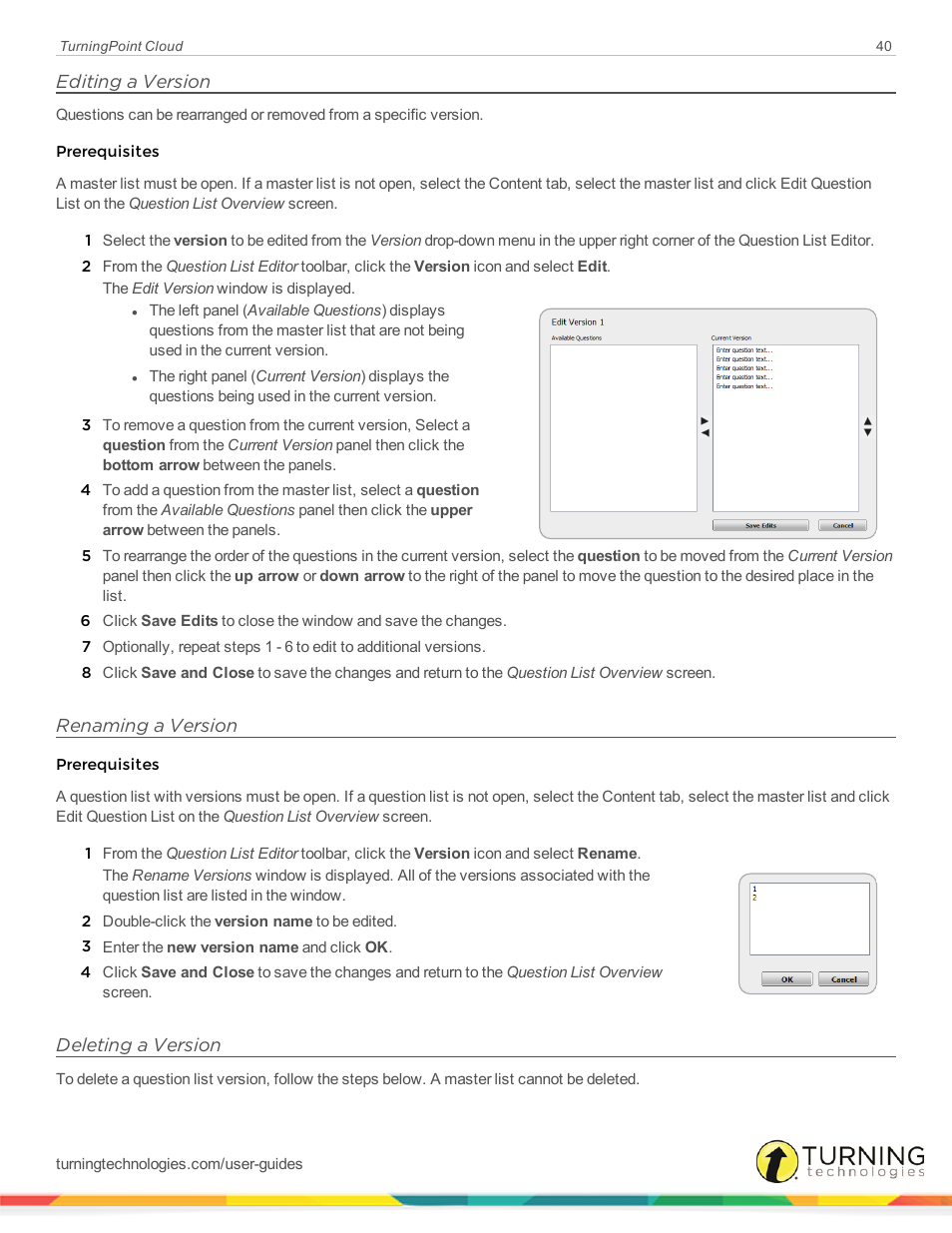 Editing a version, Renaming a version, Deleting a version | Turning Technologies TurningPoint Cloud User Manual | Page 40 / 161