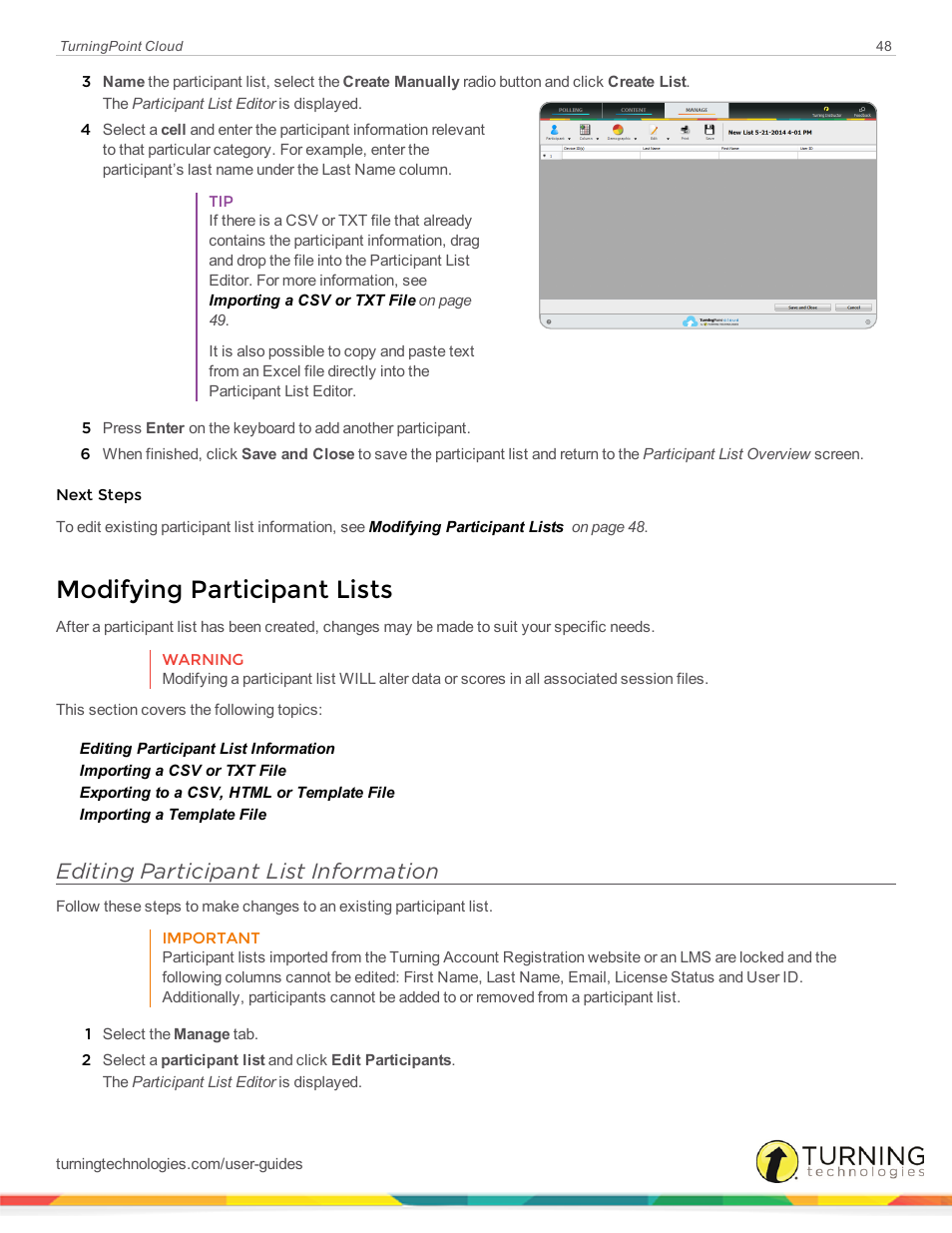 Modifying participant lists, Editing participant list information | Turning Technologies TurningPoint Cloud User Manual | Page 48 / 161