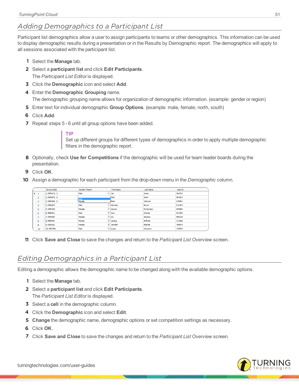 Adding demographics to a participant list, Editing demographics in a participant list | Turning Technologies TurningPoint Cloud User Manual | Page 51 / 161