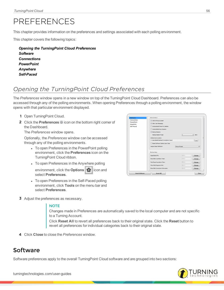 Preferences, Opening the turningpoint cloud preferences, Software | Turning Technologies TurningPoint Cloud User Manual | Page 56 / 161