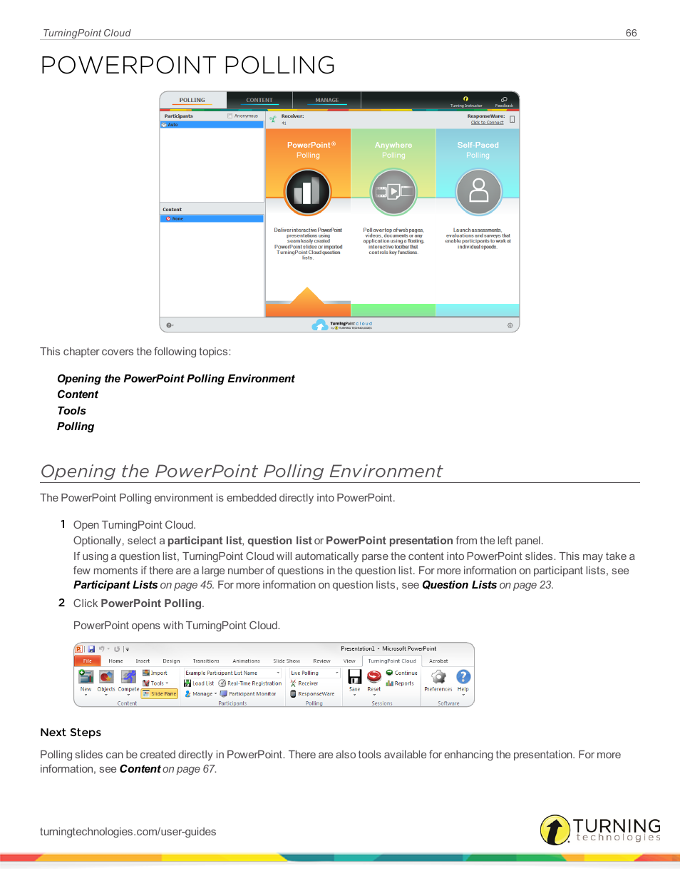 Powerpoint polling, Opening the powerpoint polling environment | Turning Technologies TurningPoint Cloud User Manual | Page 66 / 161