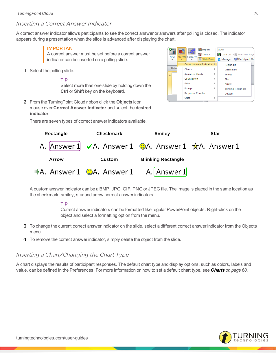 Inserting a correct answer indicator, Inserting a chart/changing the chart type | Turning Technologies TurningPoint Cloud User Manual | Page 76 / 161