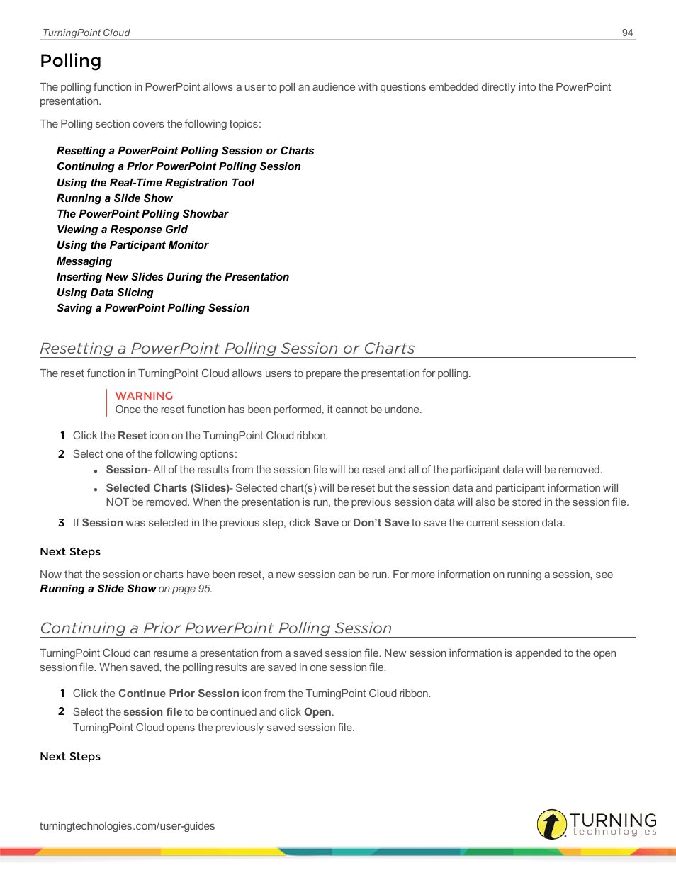 Polling, Resetting a powerpoint polling session or charts, Continuing a prior powerpoint polling session | Turning Technologies TurningPoint Cloud User Manual | Page 94 / 161