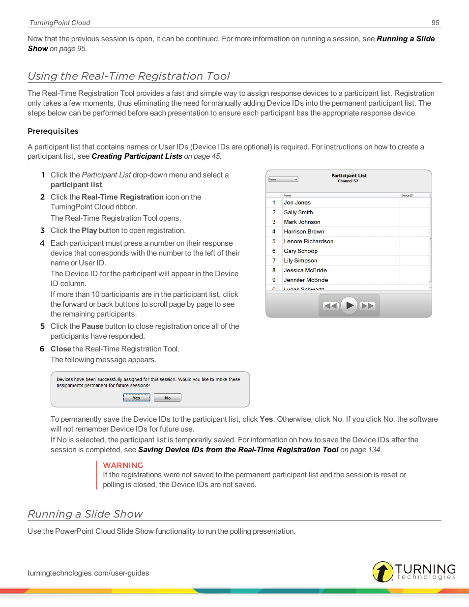 Using the real-time registration tool, Running a slide show | Turning Technologies TurningPoint Cloud User Manual | Page 95 / 161