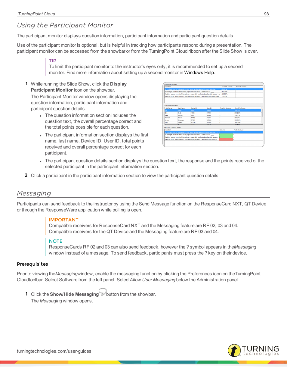 Using the participant monitor, Messaging | Turning Technologies TurningPoint Cloud User Manual | Page 98 / 161