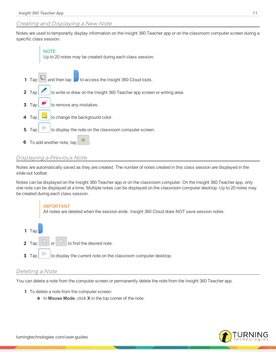 Creating and displaying a new note, Displaying a previous note, Deleting a note | Turning Technologies Insight 360 Cloud User Manual | Page 11 / 26