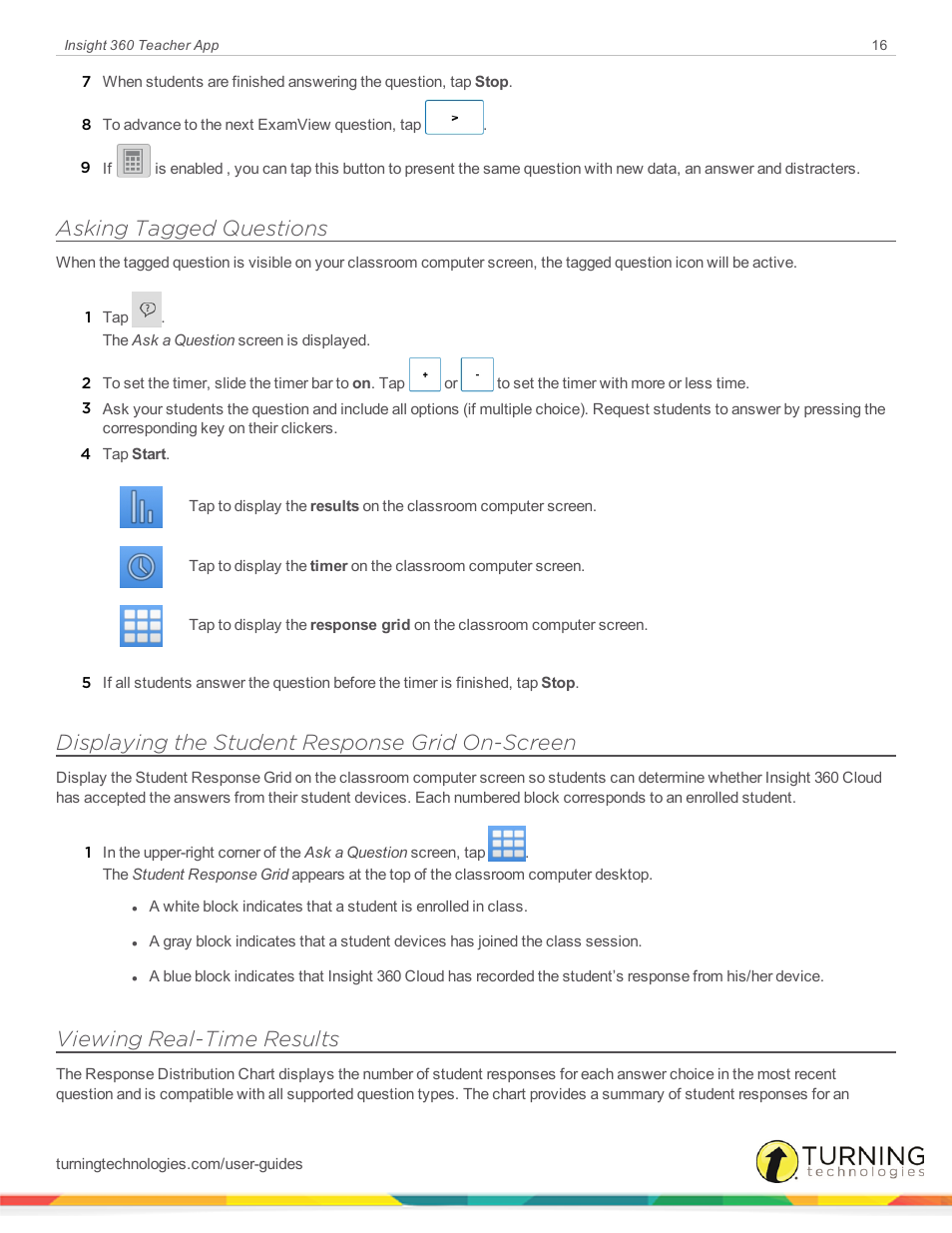 Asking tagged questions, Displaying the student response grid on-screen, Viewing real-time results | Turning Technologies Insight 360 Cloud User Manual | Page 16 / 26