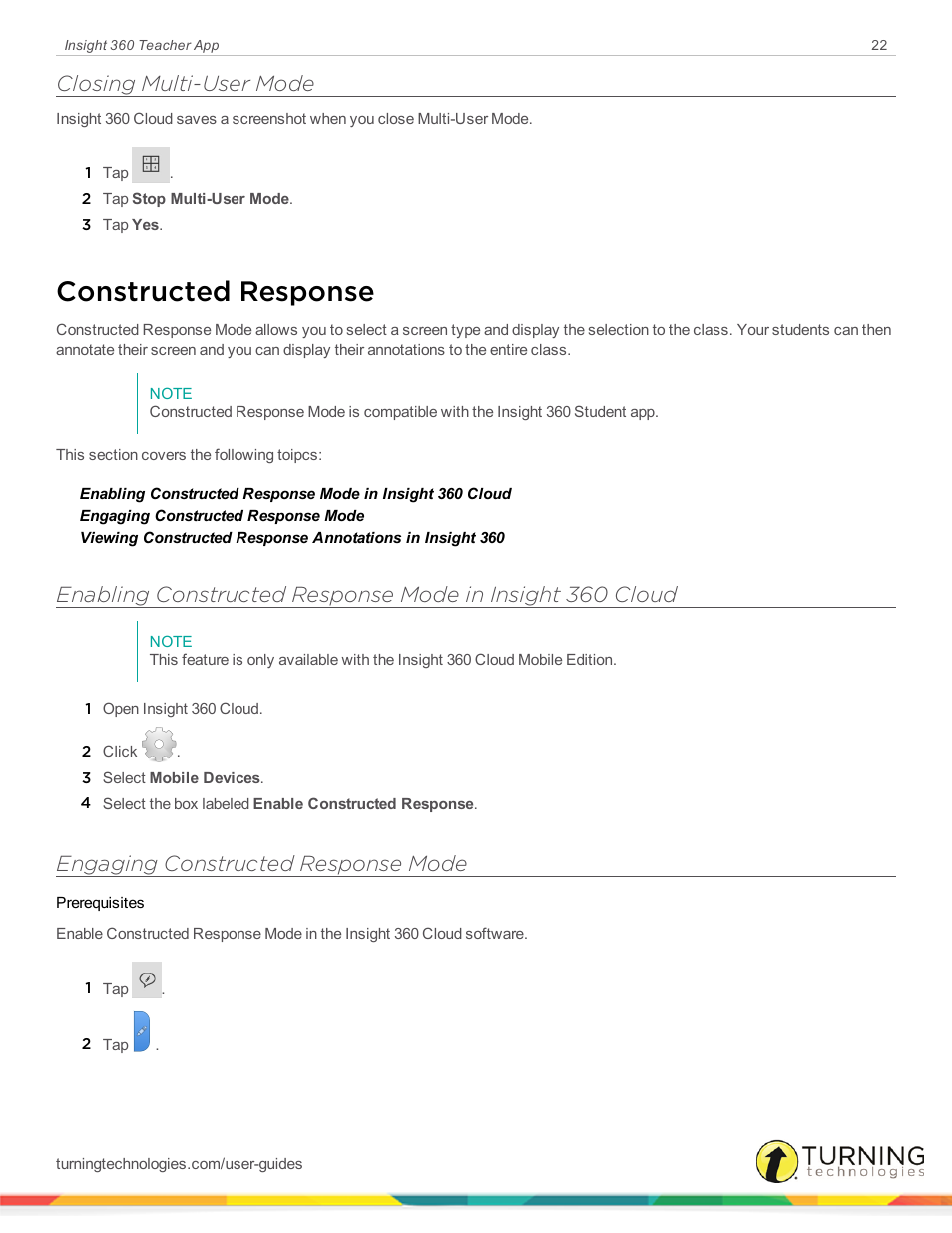 Closing multi-user mode, Constructed response, Engaging constructed response mode | Turning Technologies Insight 360 Cloud User Manual | Page 22 / 26