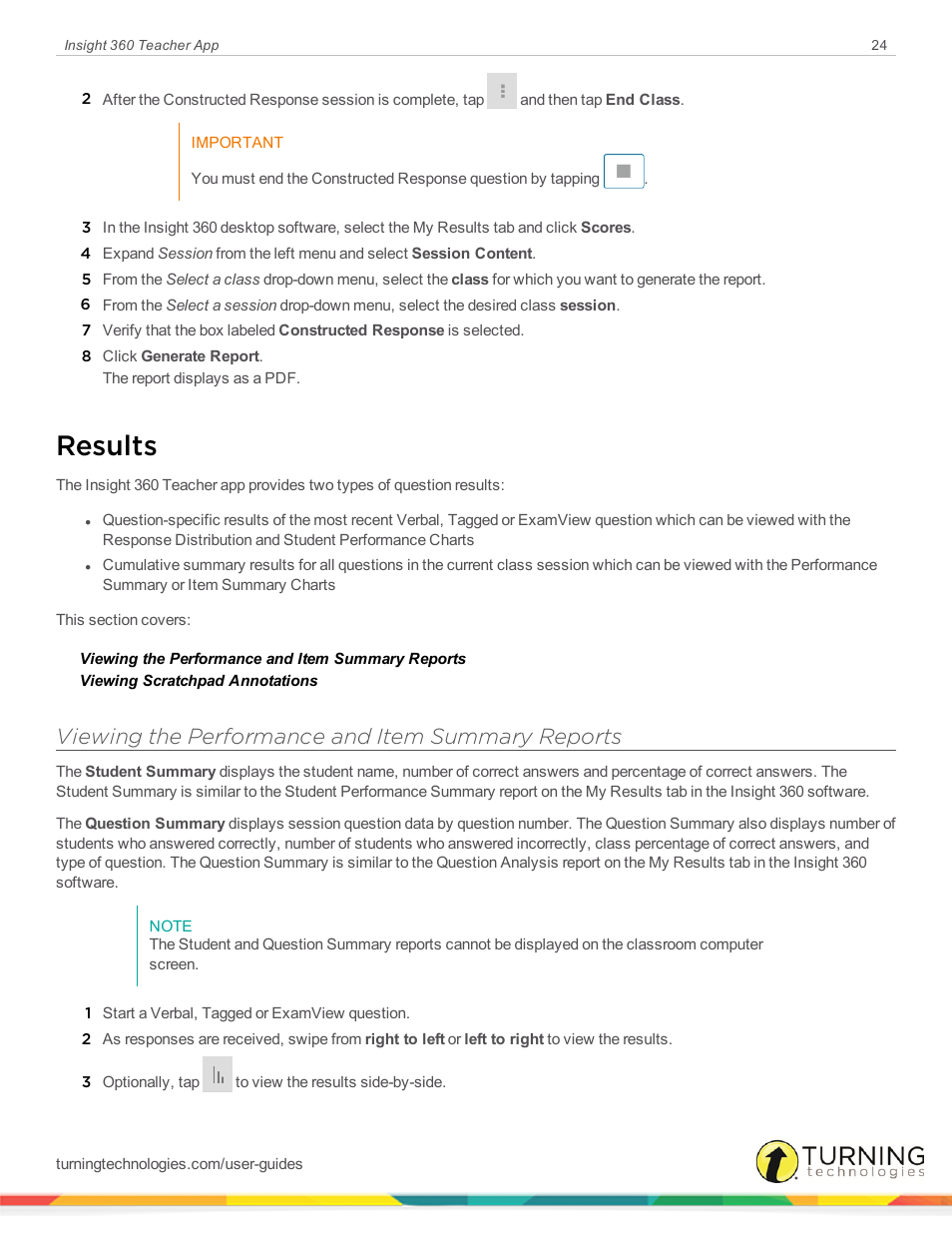 Results, Viewing the performance and item summary reports | Turning Technologies Insight 360 Cloud User Manual | Page 24 / 26