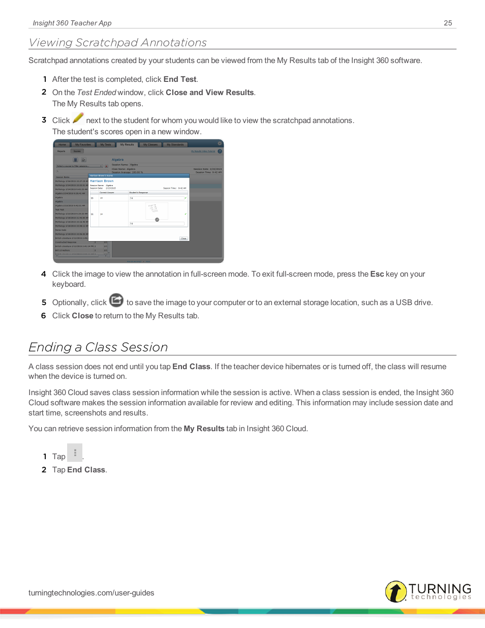 Viewing scratchpad annotations, Ending a class session | Turning Technologies Insight 360 Cloud User Manual | Page 25 / 26
