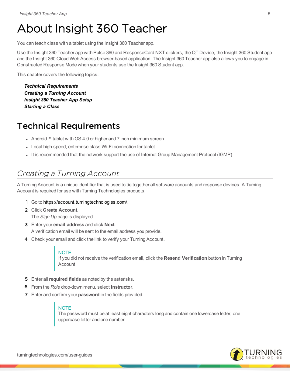 About insight 360 teacher, Technical requirements, Creating a turning account | Turning Technologies Insight 360 Cloud User Manual | Page 5 / 26