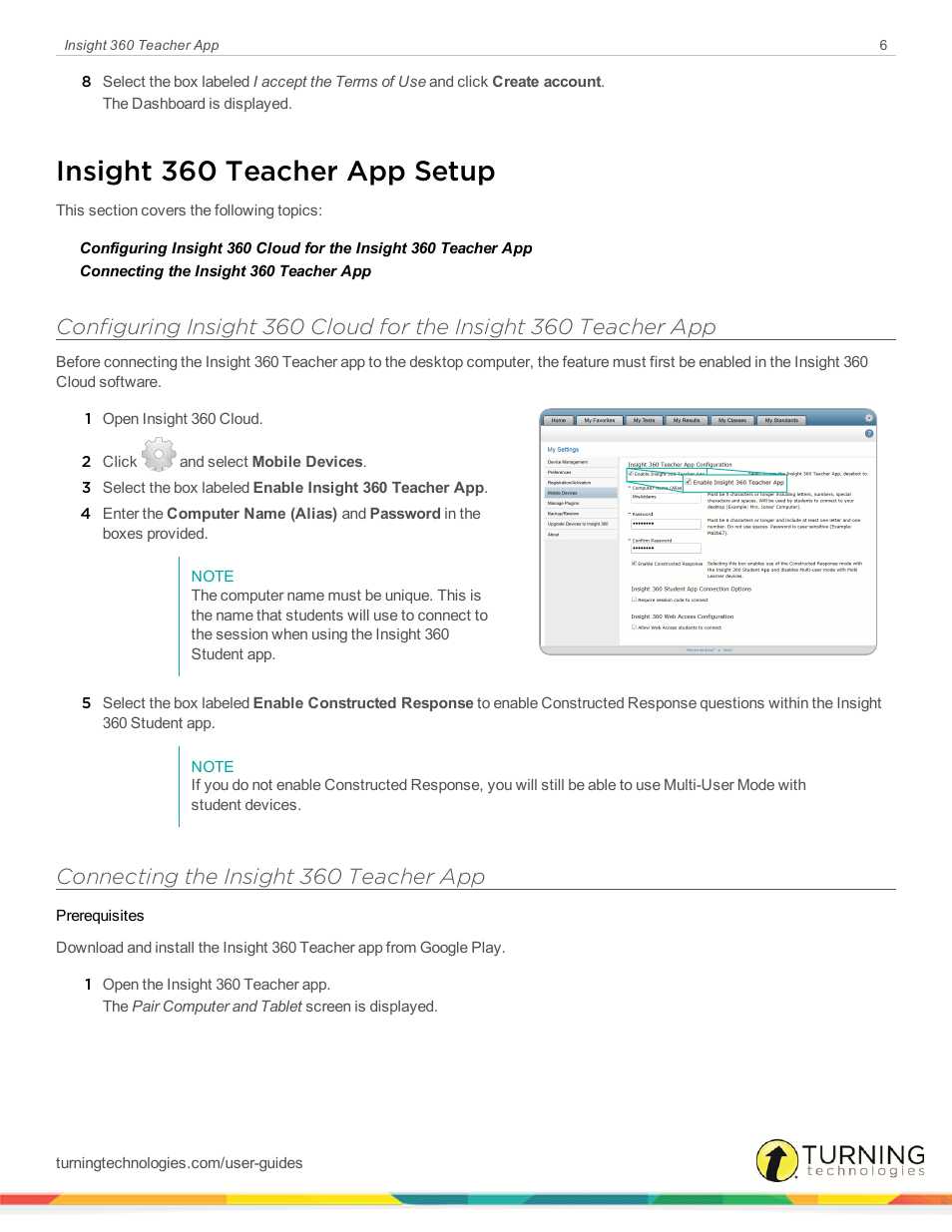 Insight 360 teacher app setup, Connecting the insight 360 teacher app | Turning Technologies Insight 360 Cloud User Manual | Page 6 / 26