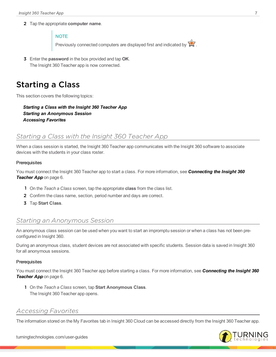 Starting a class, Starting a class with the insight 360 teacher app, Starting an anonymous session | Accessing favorites | Turning Technologies Insight 360 Cloud User Manual | Page 7 / 26