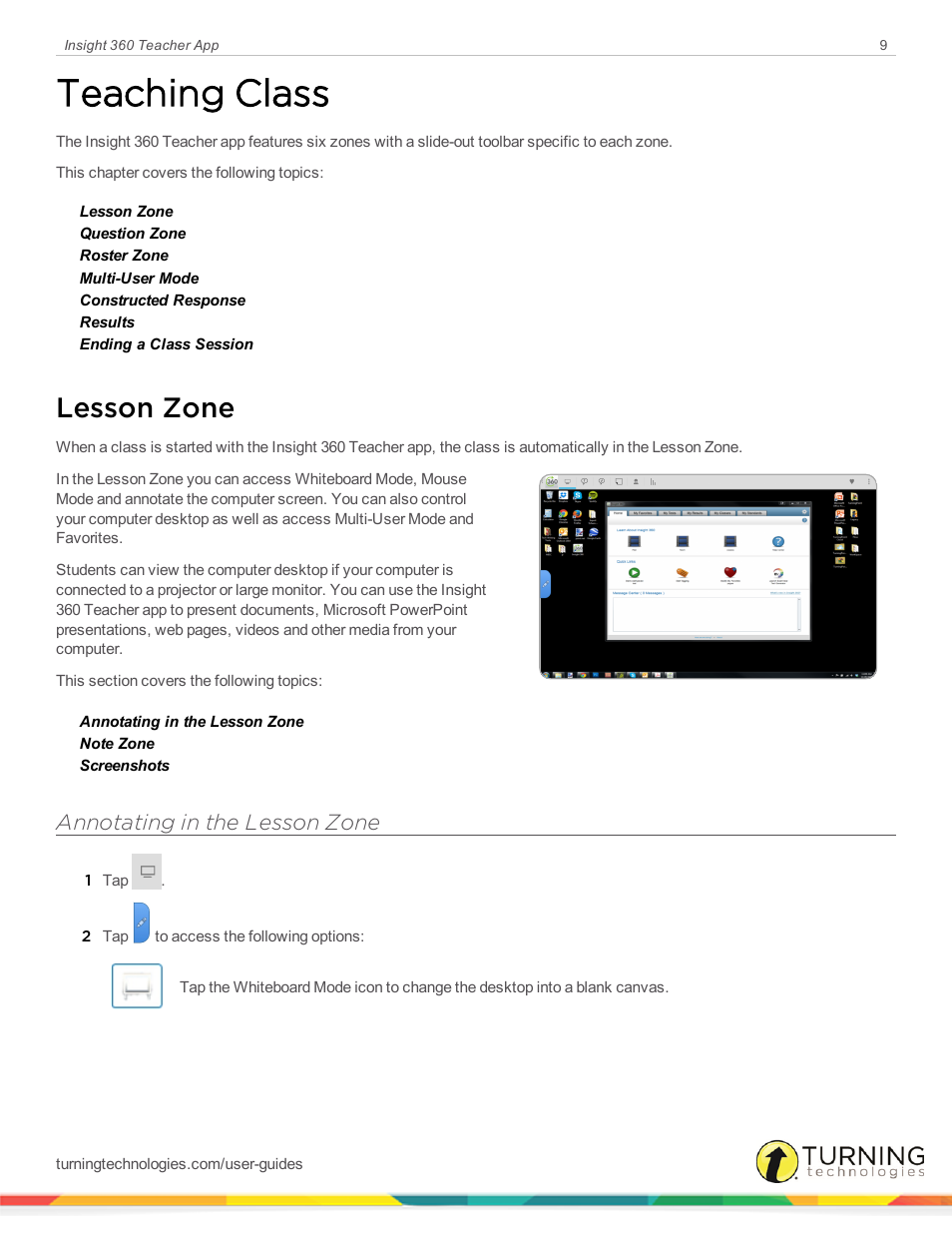 Teaching class, Lesson zone, Annotating in the lesson zone | Turning Technologies Insight 360 Cloud User Manual | Page 9 / 26