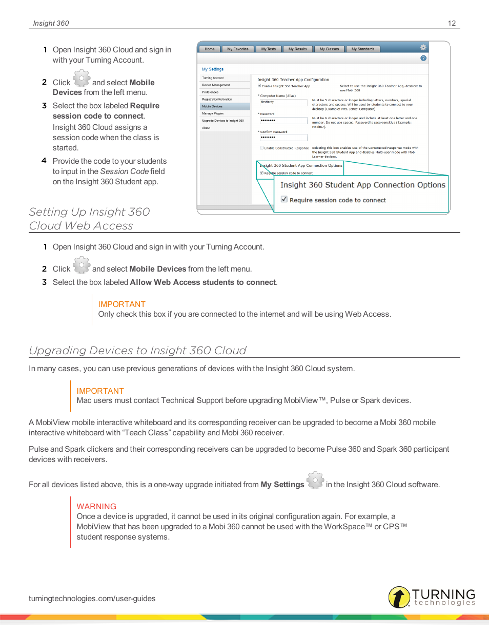 Setting up insight 360 cloud web access, Upgrading devices to insight 360 cloud | Turning Technologies Insight 360 Cloud User Manual | Page 12 / 88