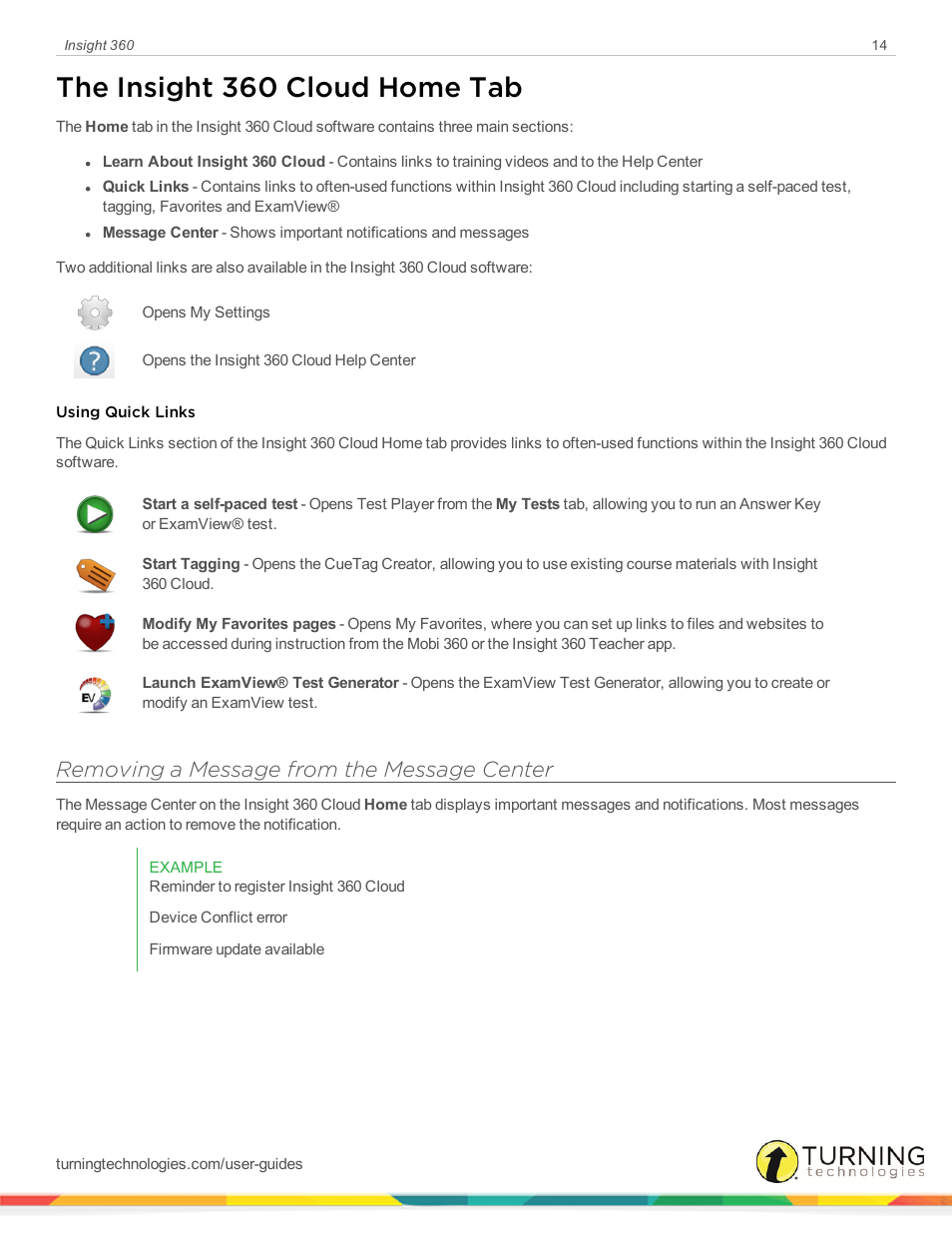 The insight 360 cloud home tab, Removing a message from the message center | Turning Technologies Insight 360 Cloud User Manual | Page 14 / 88