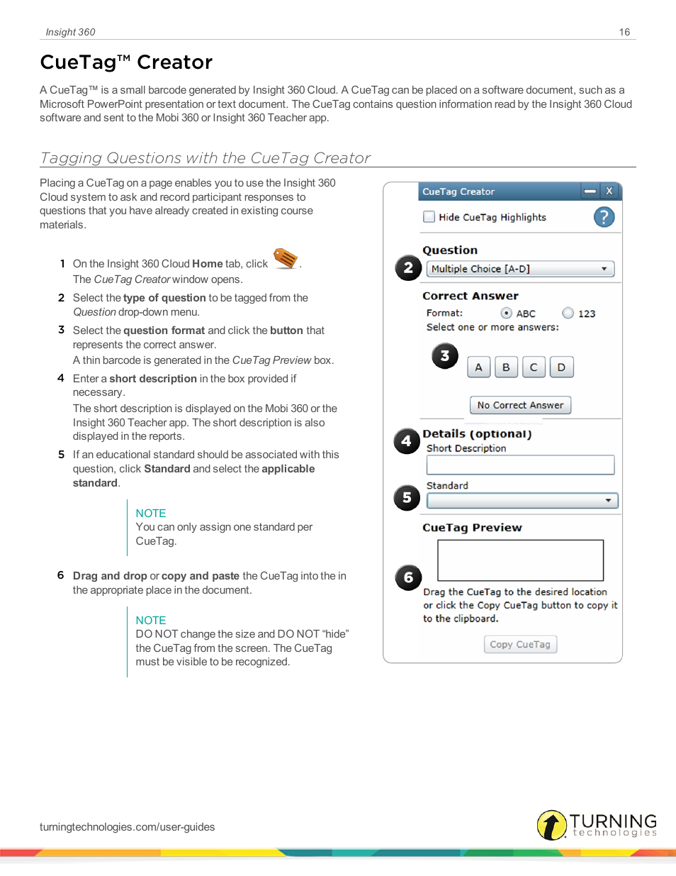 Cuetag™ creator, Tagging questions with the cuetag creator | Turning Technologies Insight 360 Cloud User Manual | Page 16 / 88