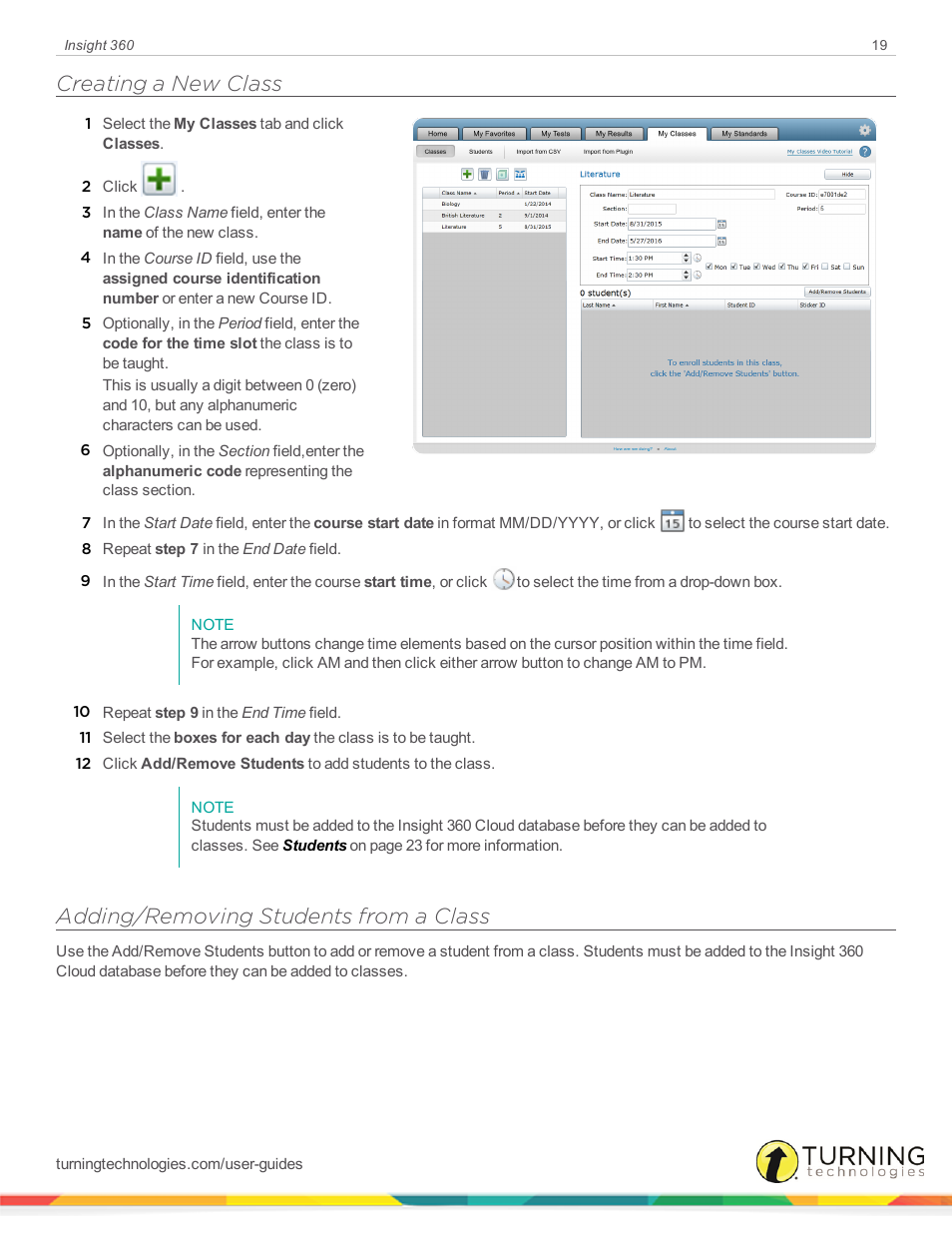 Creating a new class, Adding/removing students from a class | Turning Technologies Insight 360 Cloud User Manual | Page 19 / 88