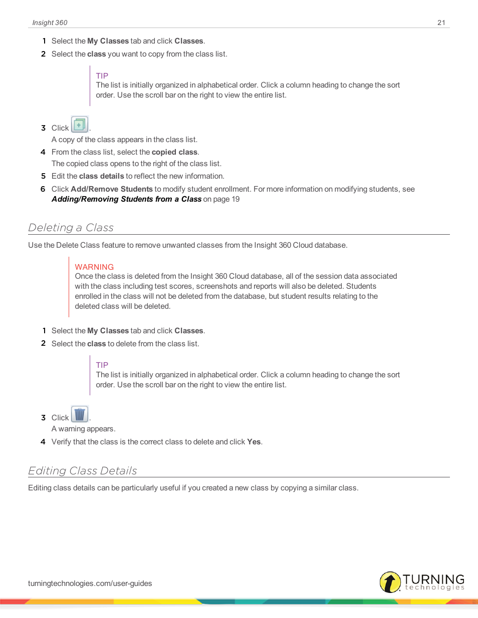Deleting a class, Editing class details | Turning Technologies Insight 360 Cloud User Manual | Page 21 / 88