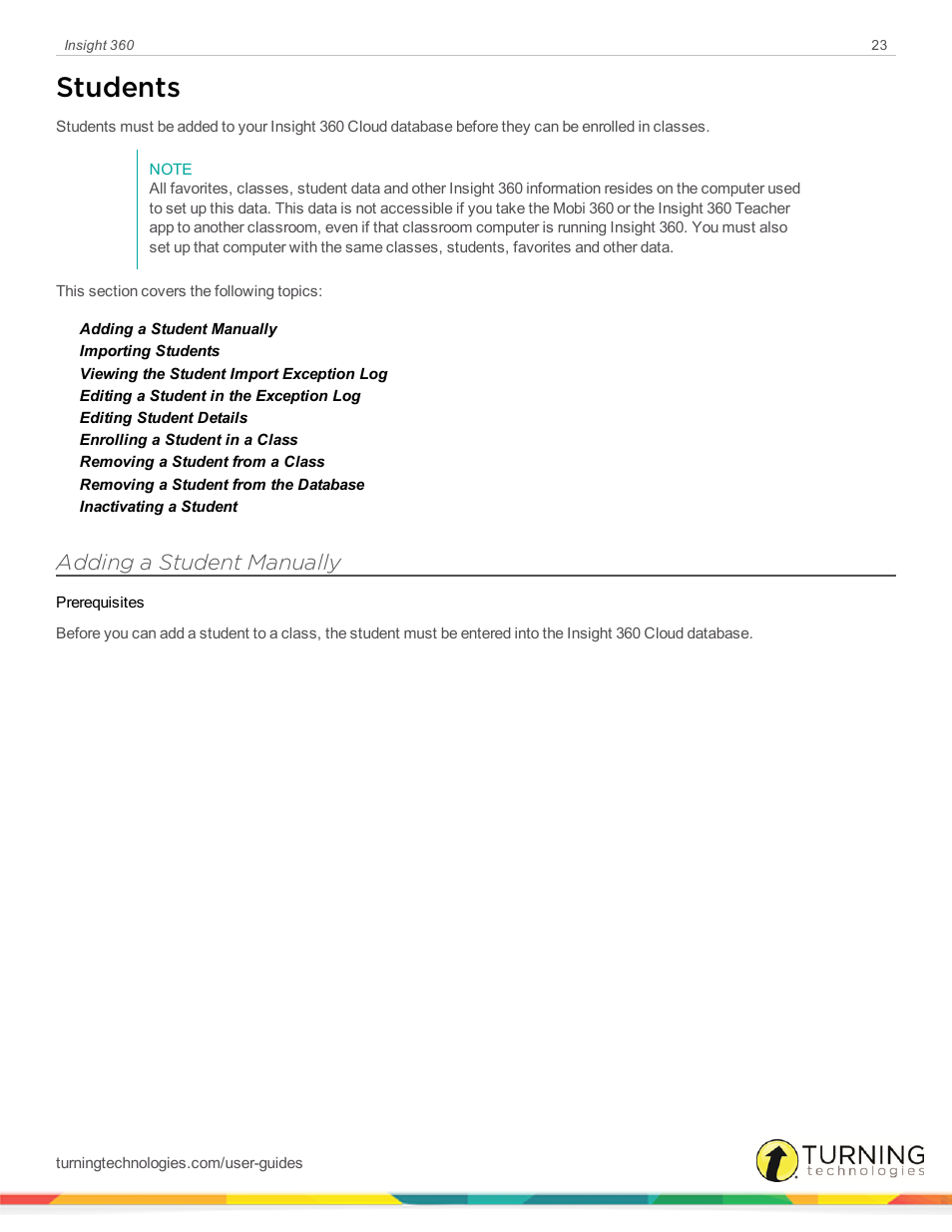 Students, Adding a student manually | Turning Technologies Insight 360 Cloud User Manual | Page 23 / 88