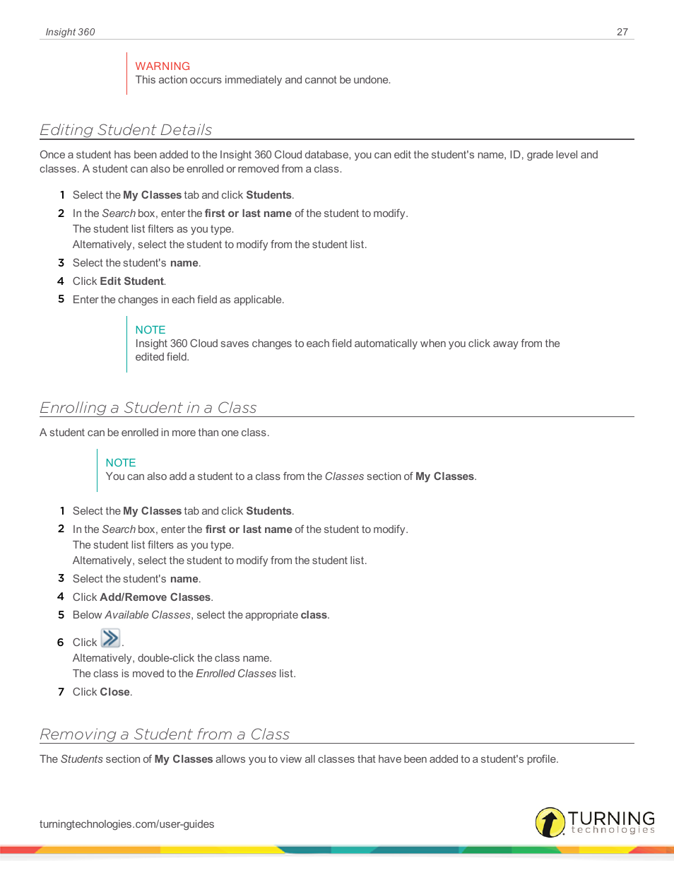 Editing student details, Enrolling a student in a class, Removing a student from a class | Turning Technologies Insight 360 Cloud User Manual | Page 27 / 88