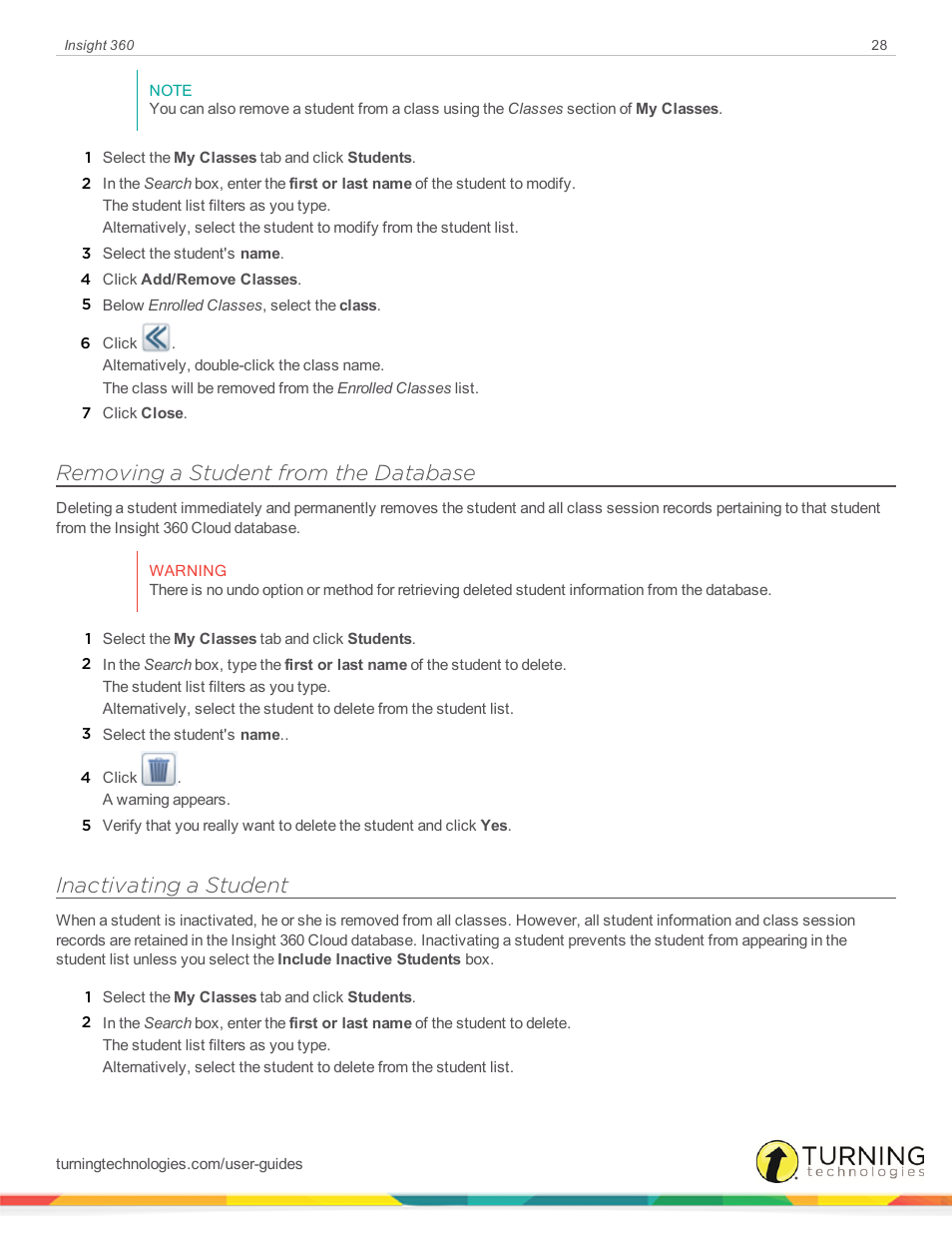 Removing a student from the database, Inactivating a student | Turning Technologies Insight 360 Cloud User Manual | Page 28 / 88