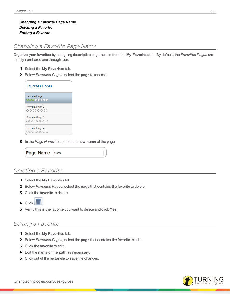 Deleting a favorite, Editing a favorite, Changing a favorite page name | Turning Technologies Insight 360 Cloud User Manual | Page 33 / 88