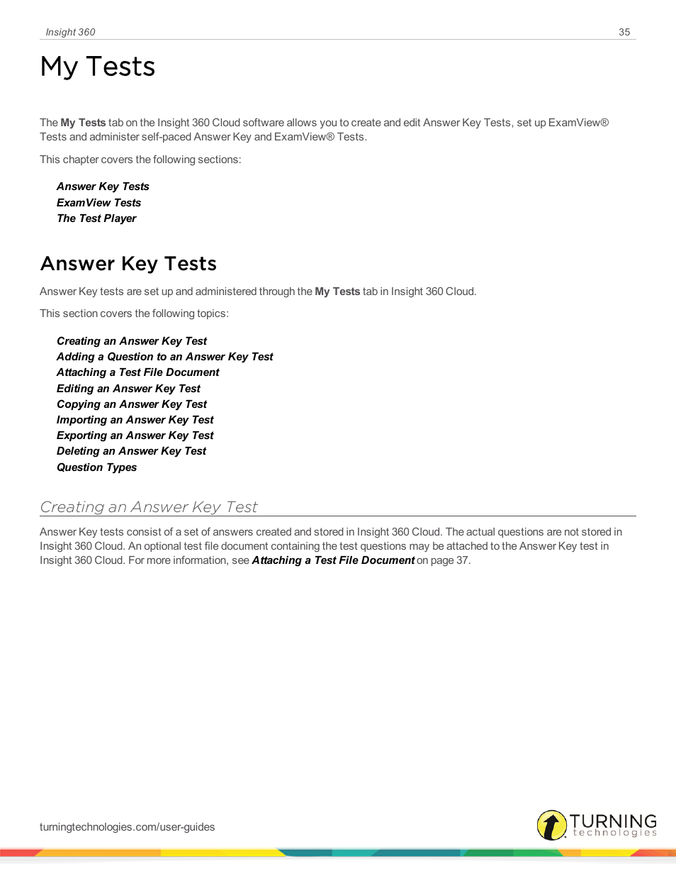 My tests, Answer key tests, Creating an answer key test | Turning Technologies Insight 360 Cloud User Manual | Page 35 / 88