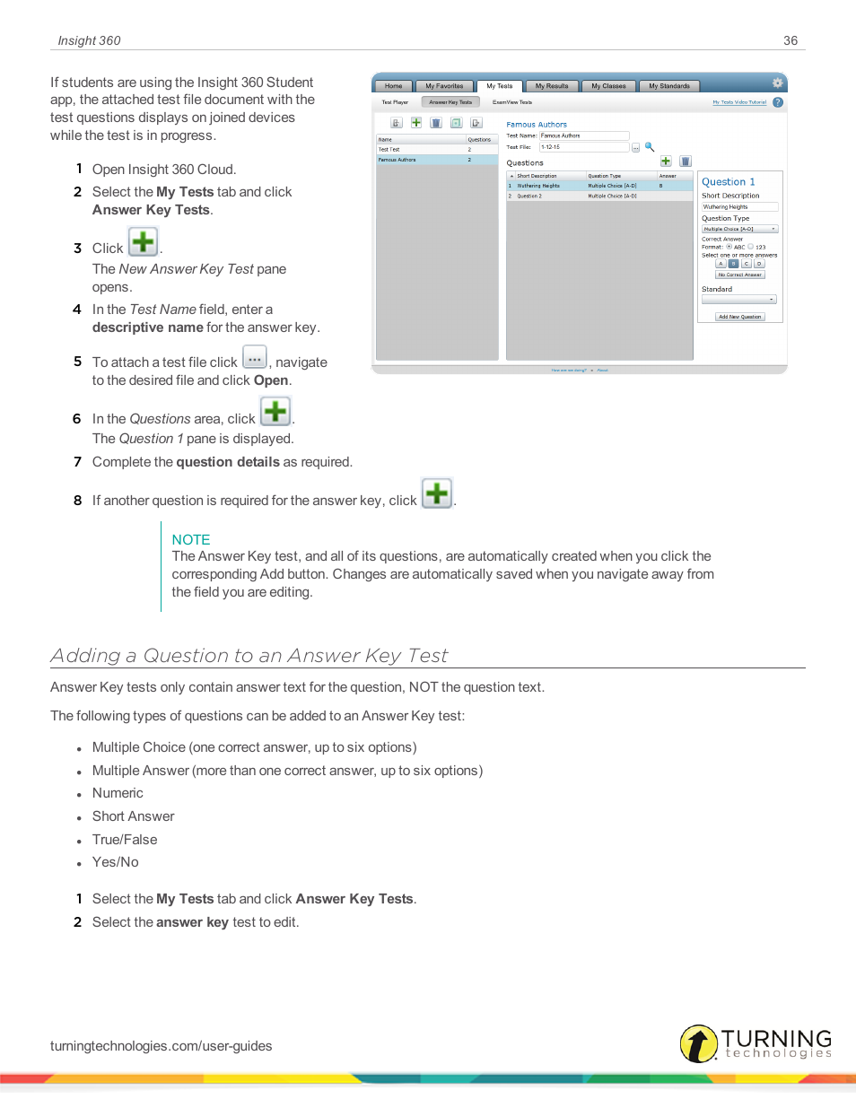 Adding a question to an answer key test | Turning Technologies Insight 360 Cloud User Manual | Page 36 / 88