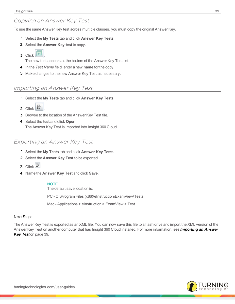 Copying an answer key test, Importing an answer key test, Exporting an answer key test | Turning Technologies Insight 360 Cloud User Manual | Page 39 / 88